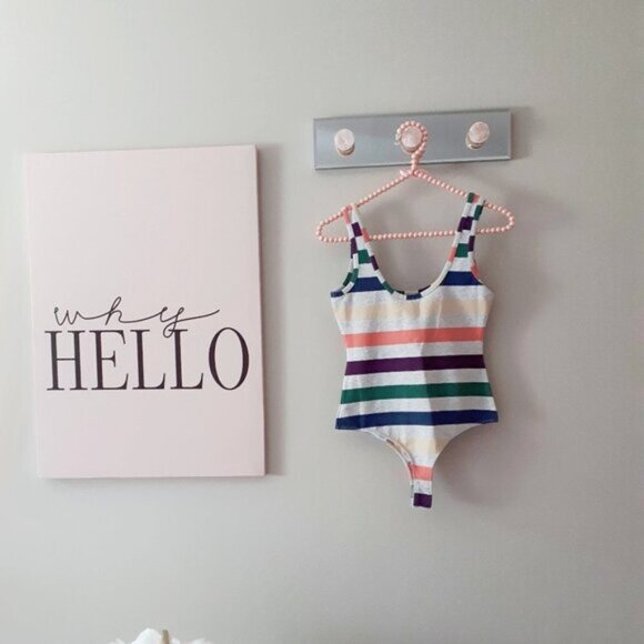 NWT Guess heather grey & multicolour stripe logo tank bodysuit XS - Picture 11 of 11